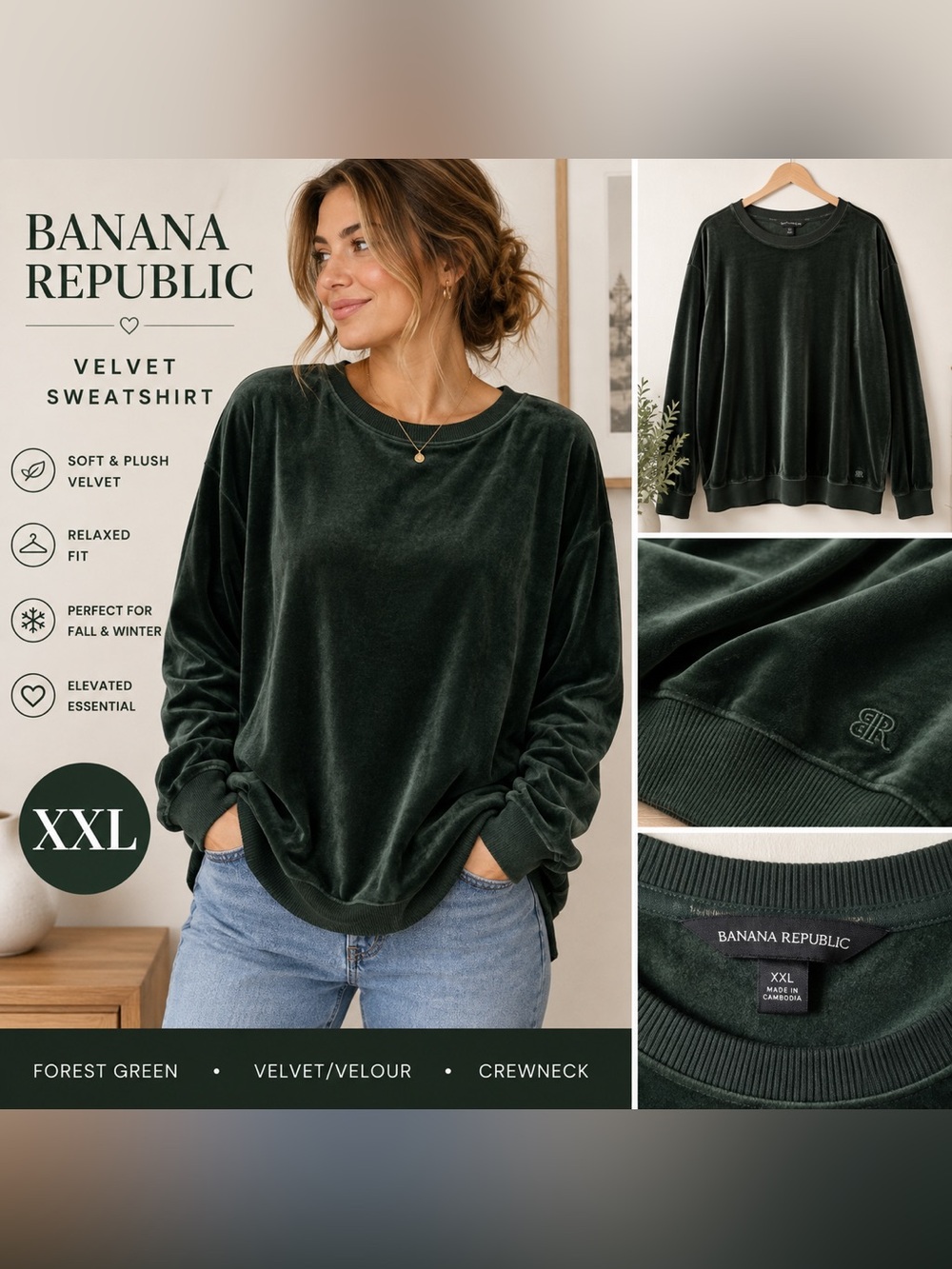 Banana Republic XXL Green Velvet Crewneck Sweatshirt Pullover